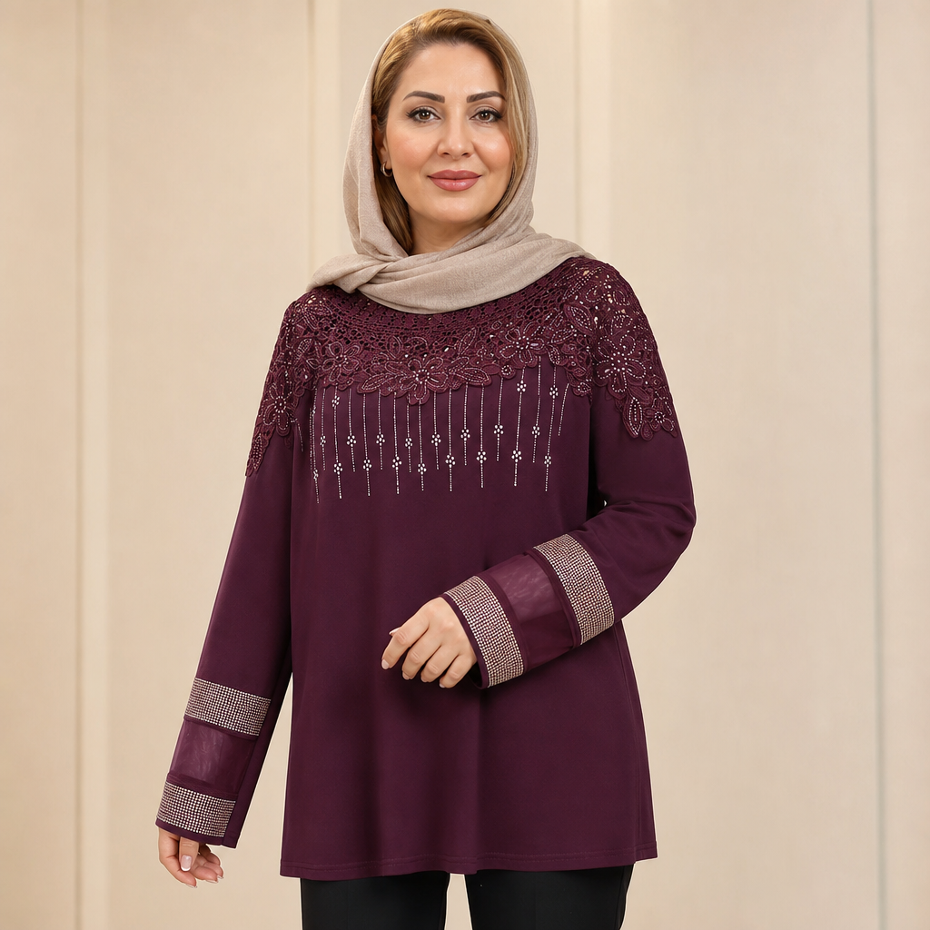 شومیز مجلسی سنگ دوزی زنانه رنگ بنفش تیره