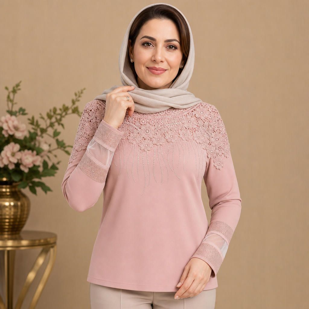 شومیز مجلسی زنانه گیپور و سنگ دوزی| رنگ صورتی| میورا گالری